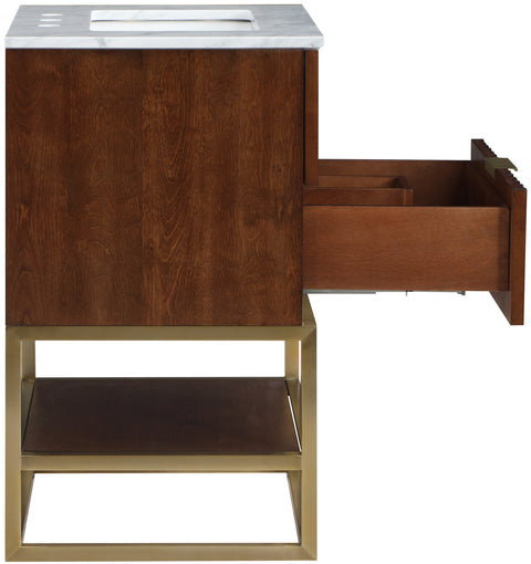 Delaney 24" Walnut Genuine Marble Top, Steel And Glass Base Bathroom Vanity, 1 Piece
