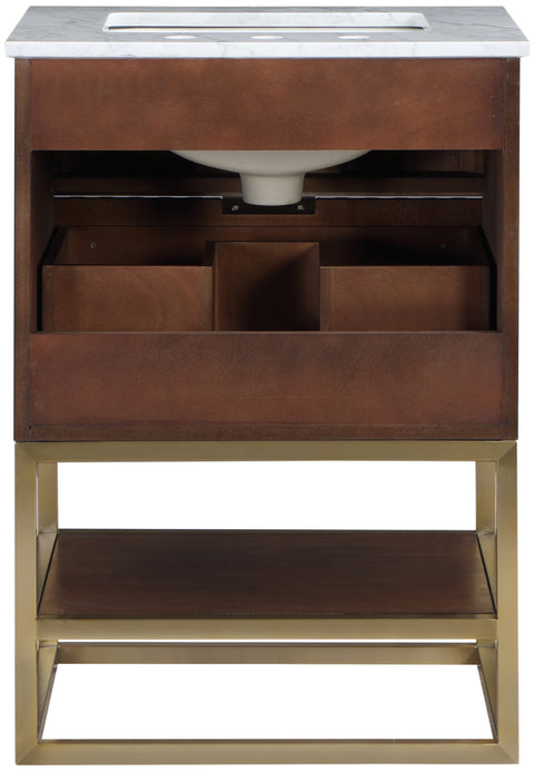 Delaney 24" Walnut Genuine Marble Top, Steel And Glass Base Bathroom Vanity, 1 Piece