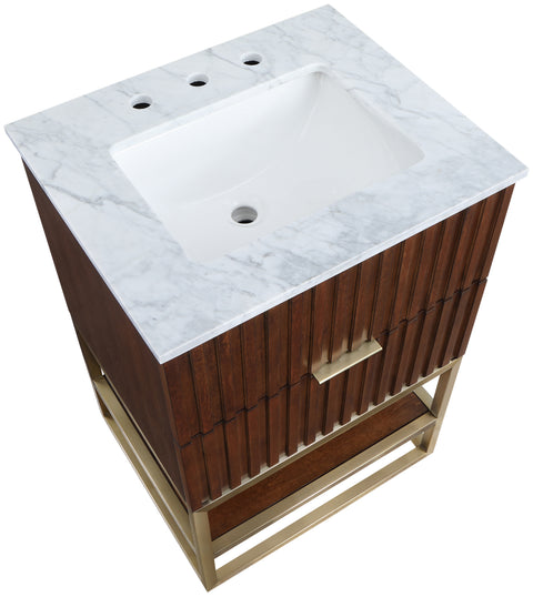 Delaney 24" Walnut Genuine Marble Top, Steel And Glass Base Bathroom Vanity, 1 Piece