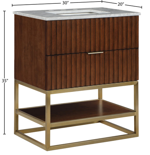 Delaney 30" Walnut Genuine Marble Top, Steel And Glass Base Bathroom Vanity, 1 Piece