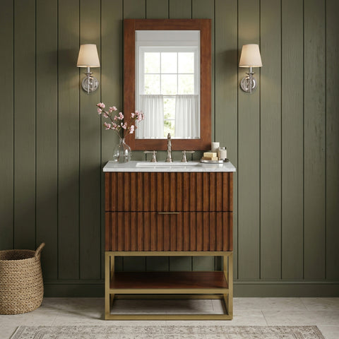 Delaney 30" Walnut Genuine Marble Top, Steel And Glass Base Bathroom Vanity, 1 Piece