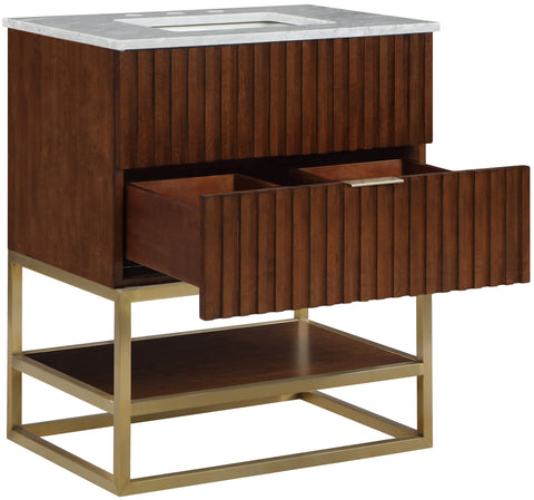 Delaney 30" Walnut Genuine Marble Top, Steel And Glass Base Bathroom Vanity, 1 Piece