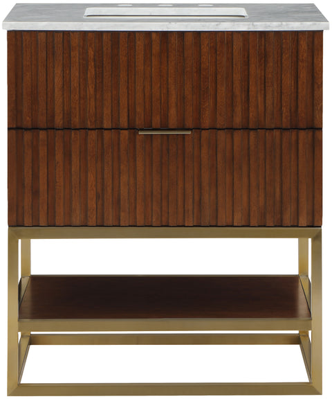 Delaney 30" Walnut Genuine Marble Top, Steel And Glass Base Bathroom Vanity, 1 Piece