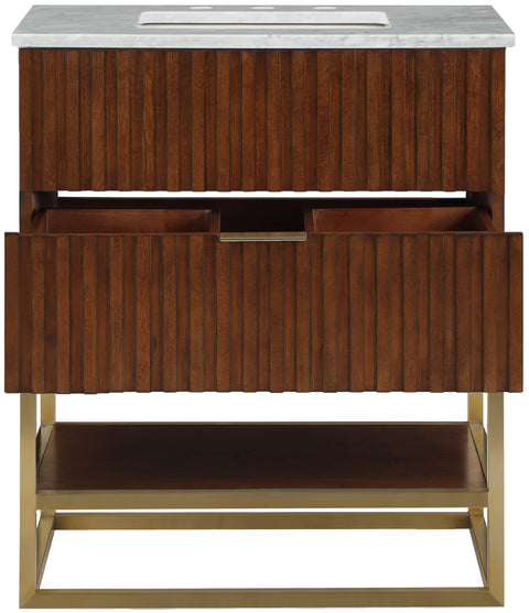 Delaney 30" Walnut Genuine Marble Top, Steel And Glass Base Bathroom Vanity, 1 Piece