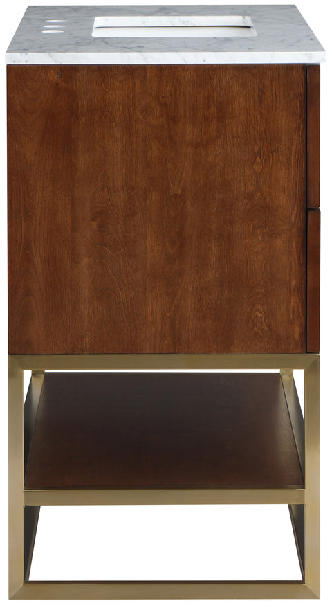 Delaney 30" Walnut Genuine Marble Top, Steel And Glass Base Bathroom Vanity, 1 Piece