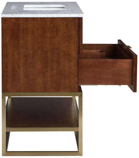 Delaney 30" Walnut Genuine Marble Top, Steel And Glass Base Bathroom Vanity, 1 Piece
