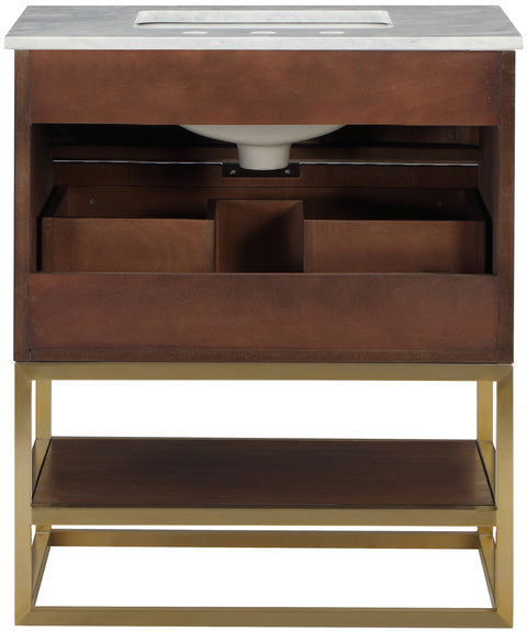 Delaney 30" Walnut Genuine Marble Top, Steel And Glass Base Bathroom Vanity, 1 Piece