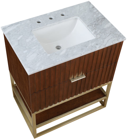Delaney 30" Walnut Genuine Marble Top, Steel And Glass Base Bathroom Vanity, 1 Piece