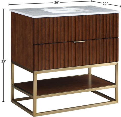 Delaney 36" Walnut Genuine Marble Top, Steel And Glass Base Bathroom Vanity, 1 Piece