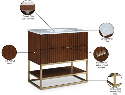 Delaney 36" Walnut Genuine Marble Top, Steel And Glass Base Bathroom Vanity, 1 Piece