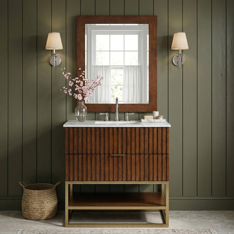 Delaney 36" Walnut Genuine Marble Top, Steel And Glass Base Bathroom Vanity, 1 Piece