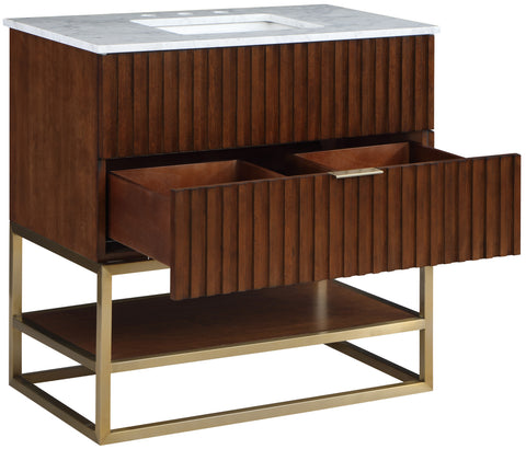 Delaney 36" Walnut Genuine Marble Top, Steel And Glass Base Bathroom Vanity, 1 Piece