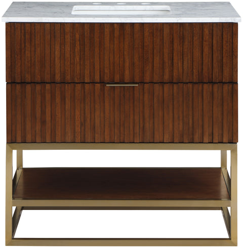 Delaney 36" Walnut Genuine Marble Top, Steel And Glass Base Bathroom Vanity, 1 Piece