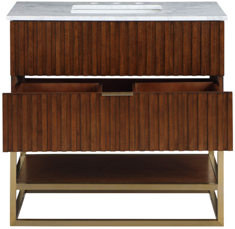 Delaney 36" Walnut Genuine Marble Top, Steel And Glass Base Bathroom Vanity, 1 Piece