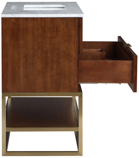 Delaney 36" Walnut Genuine Marble Top, Steel And Glass Base Bathroom Vanity, 1 Piece