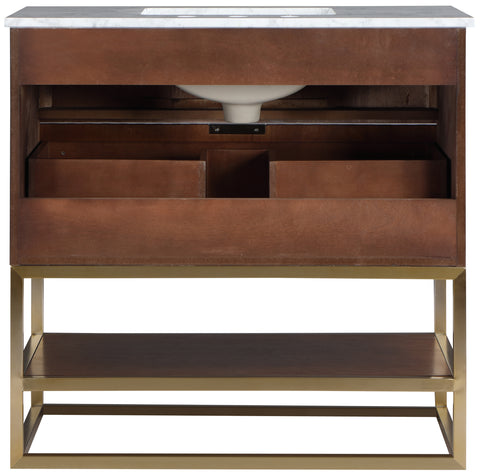 Delaney 36" Walnut Genuine Marble Top, Steel And Glass Base Bathroom Vanity, 1 Piece