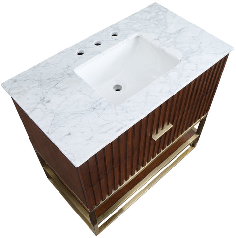Delaney 36" Walnut Genuine Marble Top, Steel And Glass Base Bathroom Vanity, 1 Piece