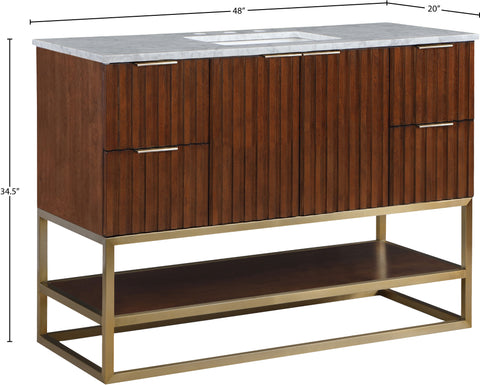 Delaney 48" Walnut Genuine Marble Top, Steel And Glass Base Bathroom Vanity, 1 Piece