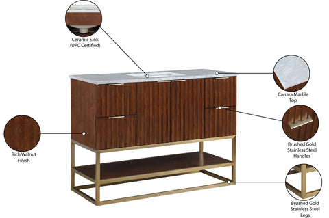 Delaney 48" Walnut Genuine Marble Top, Steel And Glass Base Bathroom Vanity, 1 Piece