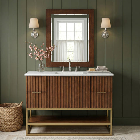 Delaney 48" Walnut Genuine Marble Top, Steel And Glass Base Bathroom Vanity, 1 Piece
