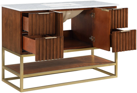 Delaney 48" Walnut Genuine Marble Top, Steel And Glass Base Bathroom Vanity, 1 Piece