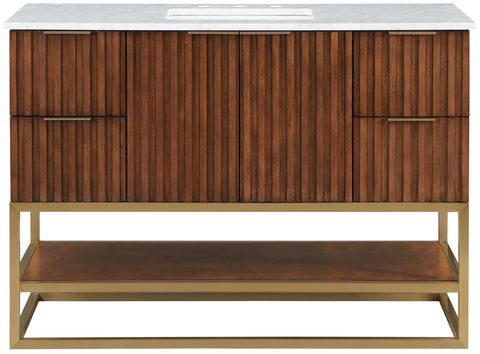 Delaney 48" Walnut Genuine Marble Top, Steel And Glass Base Bathroom Vanity, 1 Piece