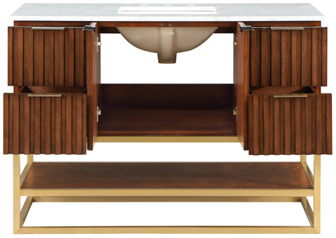 Delaney 48" Walnut Genuine Marble Top, Steel And Glass Base Bathroom Vanity, 1 Piece