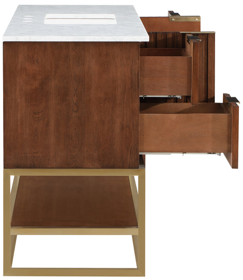 Delaney 48" Walnut Genuine Marble Top, Steel And Glass Base Bathroom Vanity, 1 Piece