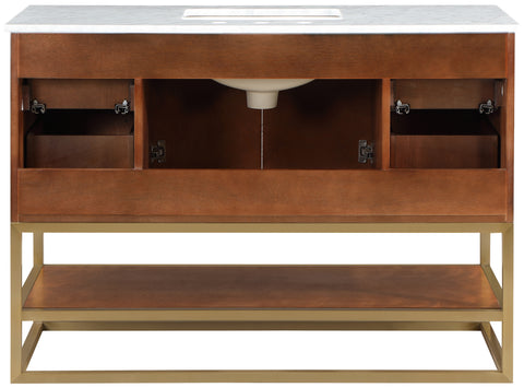 Delaney 48" Walnut Genuine Marble Top, Steel And Glass Base Bathroom Vanity, 1 Piece