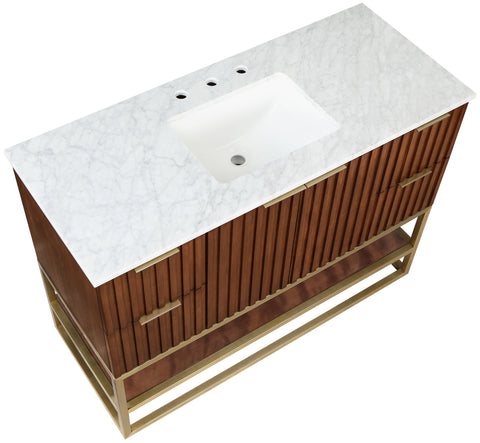 Delaney 48" Walnut Genuine Marble Top, Steel And Glass Base Bathroom Vanity, 1 Piece