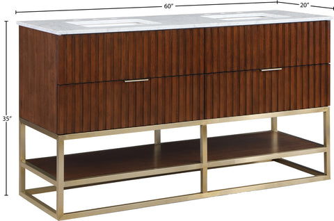 Delaney 60" Walnut Genuine Marble Top, Steel And Glass Base Bathroom Vanity, 1 Piece