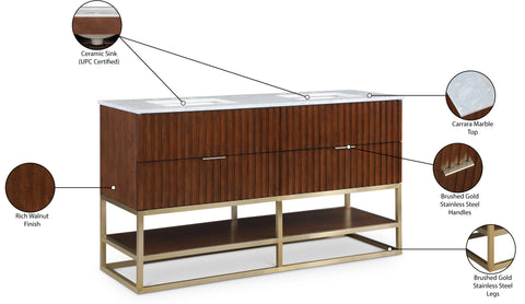 Delaney 60" Walnut Genuine Marble Top, Steel And Glass Base Bathroom Vanity, 1 Piece