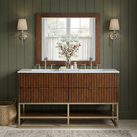 Delaney 60" Walnut Genuine Marble Top, Steel And Glass Base Bathroom Vanity, 1 Piece