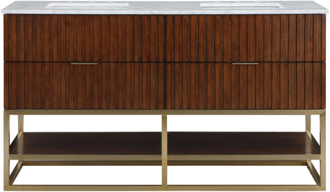 Delaney 60" Walnut Genuine Marble Top, Steel And Glass Base Bathroom Vanity, 1 Piece