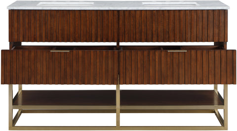 Delaney 60" Walnut Genuine Marble Top, Steel And Glass Base Bathroom Vanity, 1 Piece