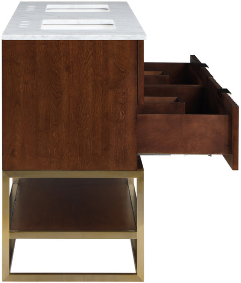 Delaney 60" Walnut Genuine Marble Top, Steel And Glass Base Bathroom Vanity, 1 Piece