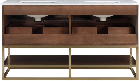 Delaney 60" Walnut Genuine Marble Top, Steel And Glass Base Bathroom Vanity, 1 Piece