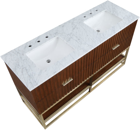 Delaney 60" Walnut Genuine Marble Top, Steel And Glass Base Bathroom Vanity, 1 Piece