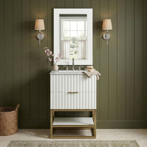 Delaney 24" White Genuine Marble Top, Steel And Glass Base Bathroom Vanity, 1 Piece