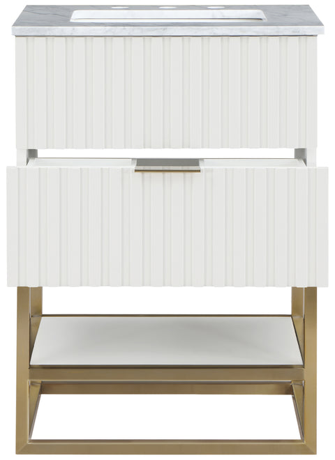 Delaney 24" White Genuine Marble Top, Steel And Glass Base Bathroom Vanity, 1 Piece