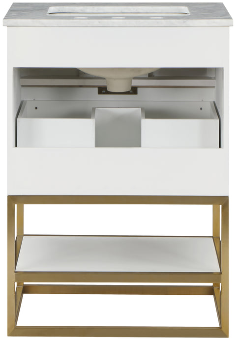 Delaney 24" White Genuine Marble Top, Steel And Glass Base Bathroom Vanity, 1 Piece
