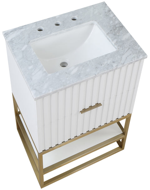 Delaney 24" White Genuine Marble Top, Steel And Glass Base Bathroom Vanity, 1 Piece