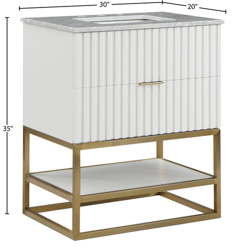 Delaney 30" White Genuine Marble Top, Steel And Glass Base Bathroom Vanity, 1 Piece