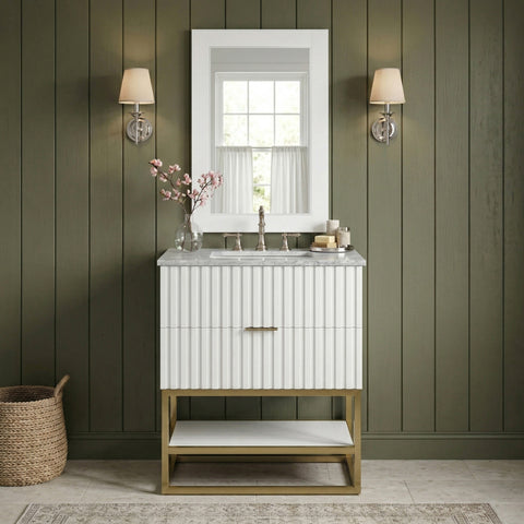 Delaney 30" White Genuine Marble Top, Steel And Glass Base Bathroom Vanity, 1 Piece