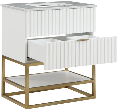 Delaney 30" White Genuine Marble Top, Steel And Glass Base Bathroom Vanity, 1 Piece