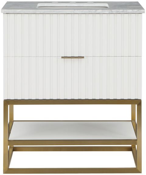 Delaney 30" White Genuine Marble Top, Steel And Glass Base Bathroom Vanity, 1 Piece