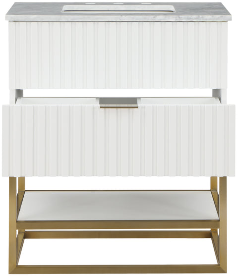 Delaney 30" White Genuine Marble Top, Steel And Glass Base Bathroom Vanity, 1 Piece