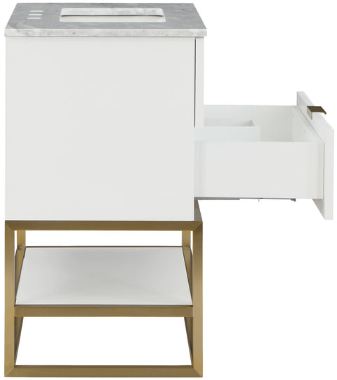 Delaney 30" White Genuine Marble Top, Steel And Glass Base Bathroom Vanity, 1 Piece