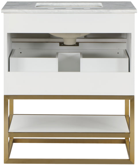 Delaney 30" White Genuine Marble Top, Steel And Glass Base Bathroom Vanity, 1 Piece