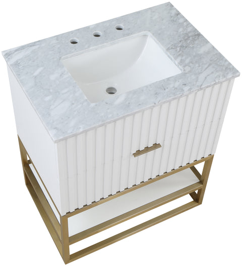 Delaney 30" White Genuine Marble Top, Steel And Glass Base Bathroom Vanity, 1 Piece